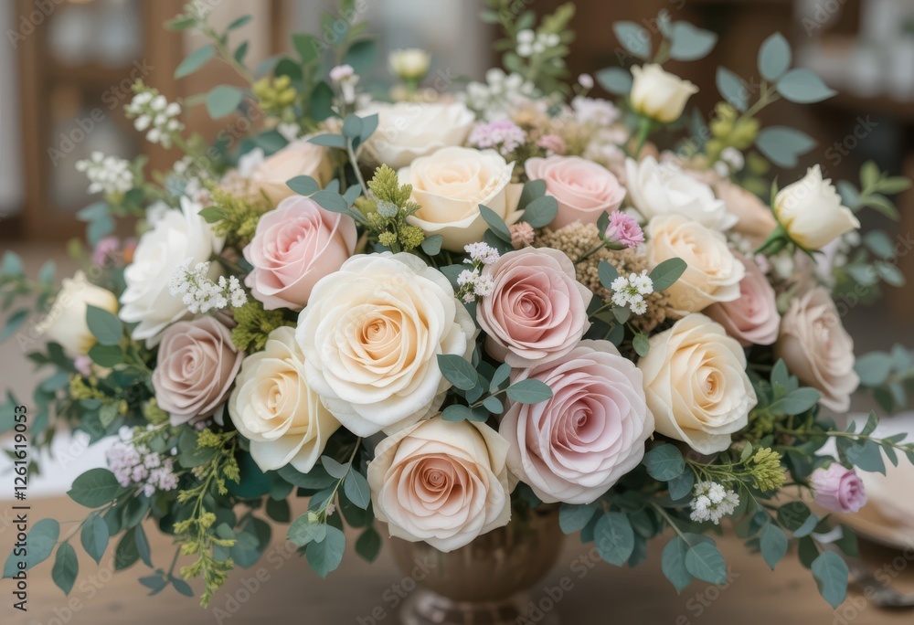 Elegant floral arrangement of soft pink and white roses indoor setting decorative centerpiece natural light romantic vibe Elegant floral arrangement of soft pink and white roses indoor setting decorative centerpiece natural light romantic vibe