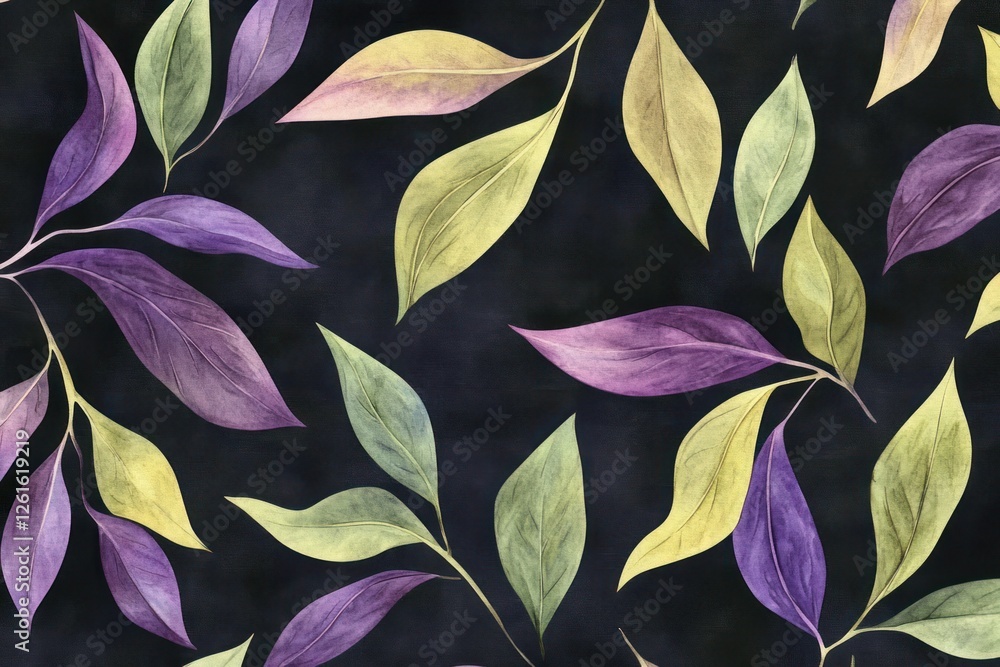 A hand-drawn watercolor pattern featuring green and purple tropical leaves against a dark background, creating a vibrant and artistic design. A hand-drawn watercolor pattern featuring green and purple tropical leaves against a dark background, creating a vibrant and artistic design.