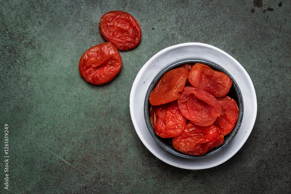 Φωτογραφία Organic sundried orange dried apricots in wooden bowl on green background, top v