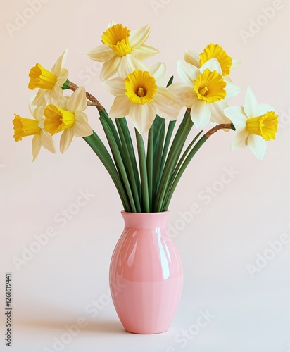 Wallpaper Mural A bouquet of vibrant daffodils, their golden petals shining, stands tall in a soft pink vase against a light background, capturing the essence of spring in a warm, inviting room. Torontodigital.ca