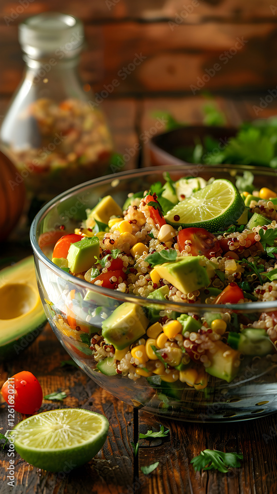 Rustic Table Setting with Freshly Prepared Colorful Quinoa Salad and Homemade Dressing Rustic Table Setting with Freshly Prepared Colorful Quinoa Salad and Homemade Dressing