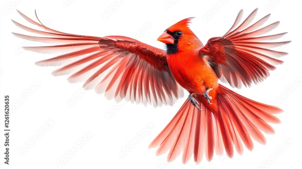 Obraz premium A vibrant red cardinal in mid-flight, showcasing its striking plumage and graceful wings.