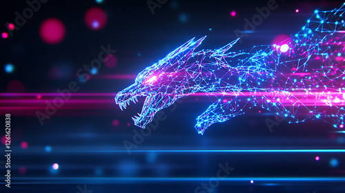 Digital Dragon Polygonal Artwork Glowing in the Dark with Abstract Light Streaks and Bokeh Effects