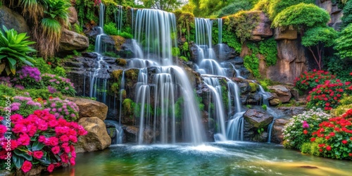 waterfall cascading down rocky cliffs with lush greenery and vibrant flowers, serene, cliff,  serene, cliff, fauna