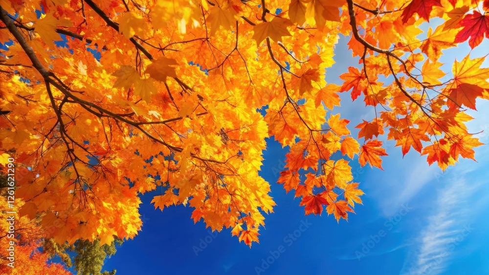 Vibrant autumn leaves in a tree sway gently in the breeze, their bright orange and yellow hues glowing warmly against a clear blue sky, foliage, falling leaves Vibrant autumn leaves in a tree sway gently in the breeze, their bright orange and yellow hues glowing warmly against a clear blue sky, foliage, falling leaves