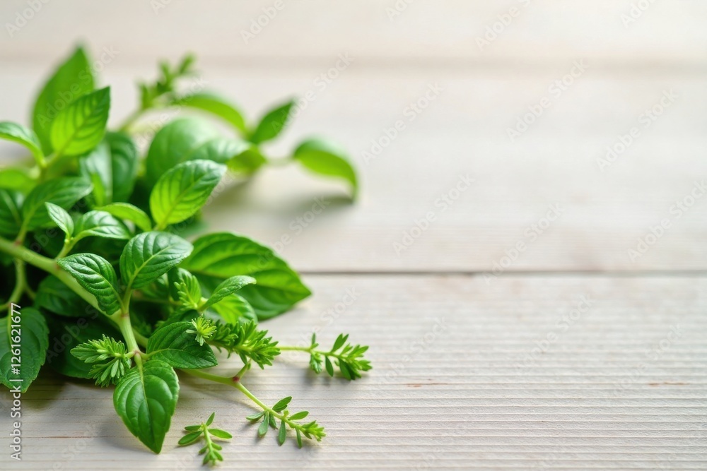 Fresh Green Herbs on a Light Wooden Surface A Culinary and Aromatic Delight Fresh Green Herbs on a Light Wooden Surface A Culinary and Aromatic Delight