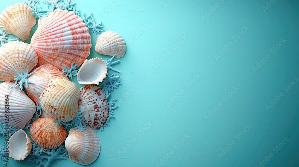 A vibrant collection of seashells arranged on a turquoise background, evoking a coastal ambiance A vibrant collection of seashells arranged on a turquoise background, evoking a coastal ambiance