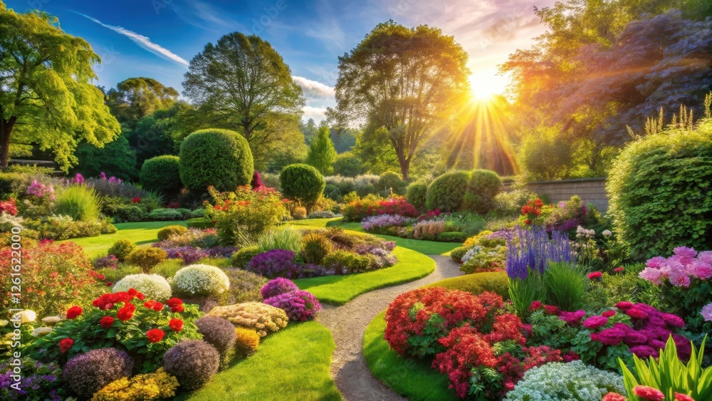 Obraz premium Vibrant flowers and lush greenery in a beautifully designed garden with vibrant colors and blooming flowers amidst the warm sun in spring and summer , floral arrangement, botanical garden