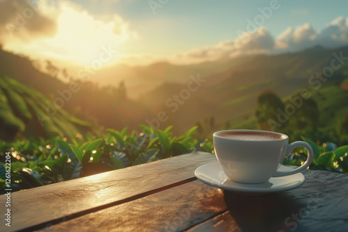 A serene cup of coffee sits on a wooden table, overlooking a lush, sunlit landscape.