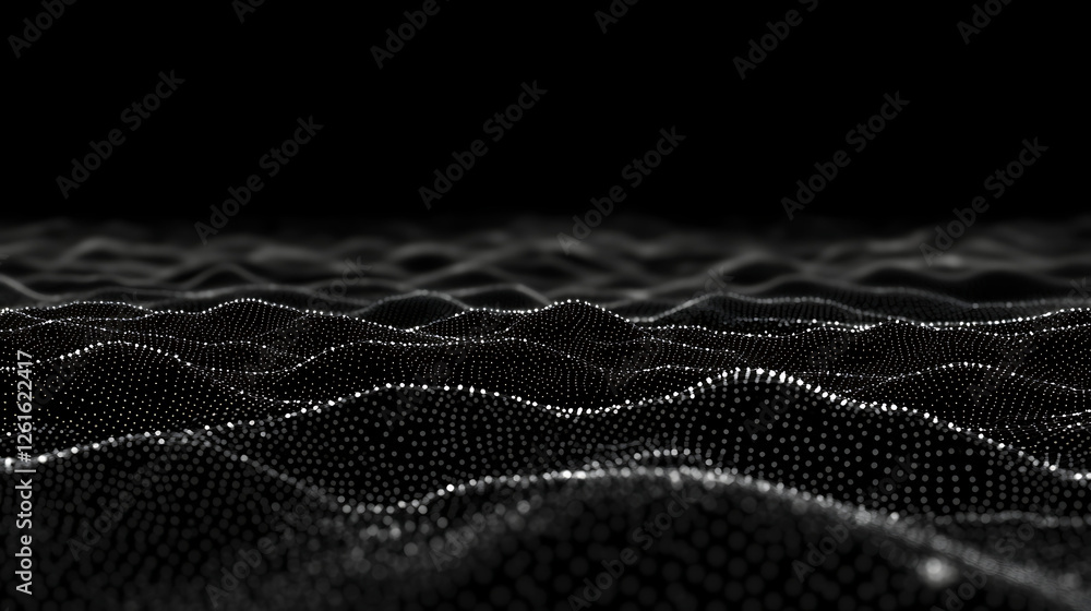 Dotted Waves Digital Landscape with Mesh and Dynamic Terrain of Connection Points on Dark Background Dotted Waves Digital Landscape with Mesh and Dynamic Terrain of Connection Points on Dark Background