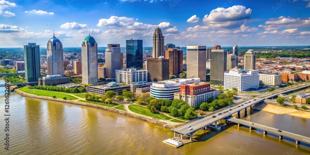 Naklejka premium Aerial view of downtown Louisville with the Ohio River flowing through it, showcasing historic buildings and skyscrapers along the riverfront , downtown, louisville