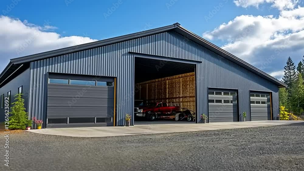 Modern storage facility with open garage doors revealing vehicles, surrounded by trees and clear skies Modern storage facility with open garage doors revealing vehicles, surrounded by trees and clear skies