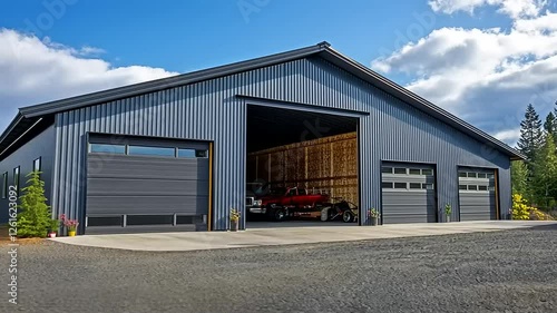 Wallpaper Mural Modern storage facility with open garage doors revealing vehicles, surrounded by trees and clear skies Torontodigital.ca