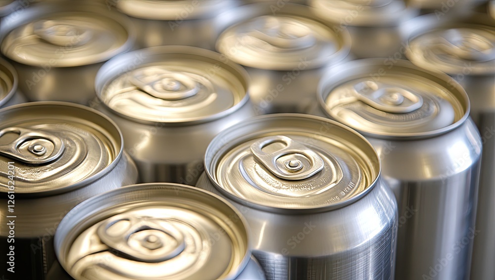 Closeup aluminum beverage cans, factory production line, bright background Closeup aluminum beverage cans, factory production line, bright background