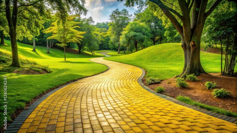 Fototapeta premium Yellow Brick Path Winding Through Lush Landscape, nature photography