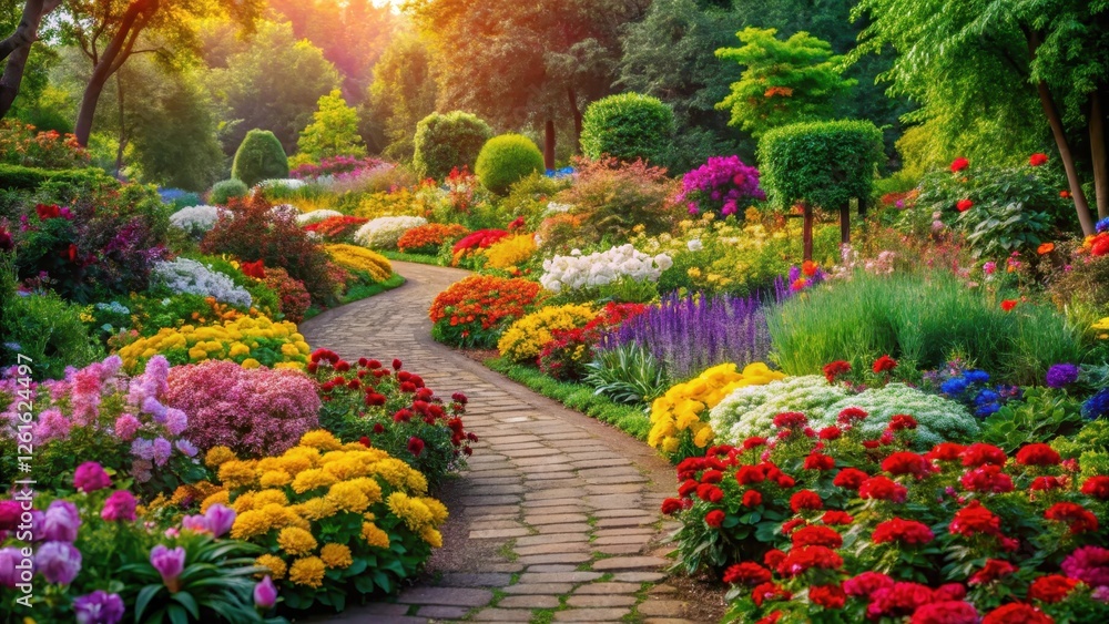 Fototapeta premium Colorful flowers bloom in a vibrant garden with winding green pathways and lush foliage surrounding them, colorful