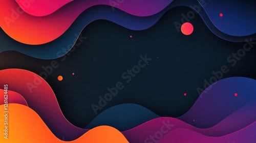 Abstract colorful wave design with dark background and floating elements.