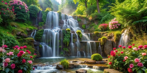 Waterfall cascading in a lush forest surrounded by blooming roses, outdoor scene, greenery,  outdoor scene