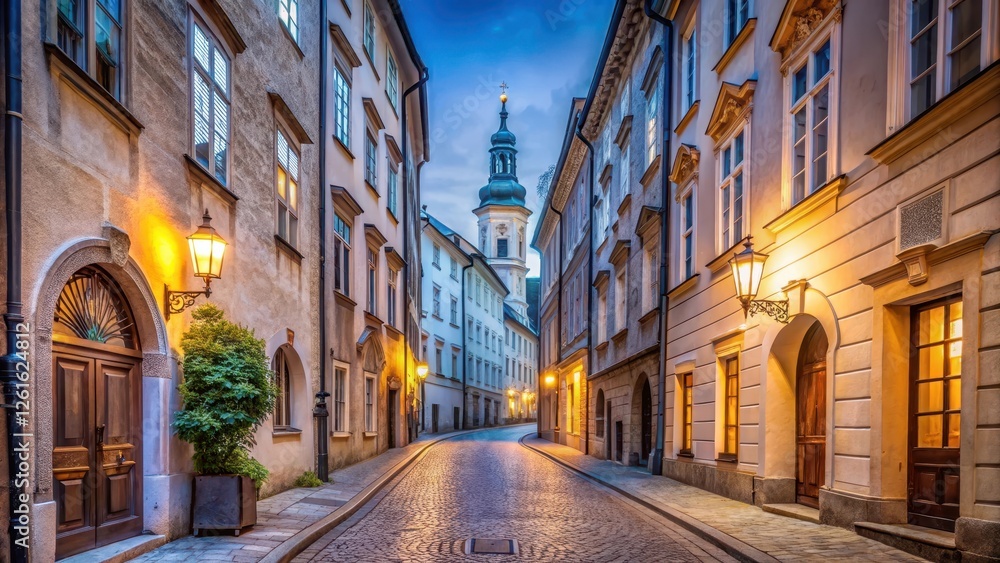 Fototapeta premium Narrow cobblestone street lined with Baroque-era architecture and historic buildings in Salzburg's Old Town at dusk, salzburg, tower