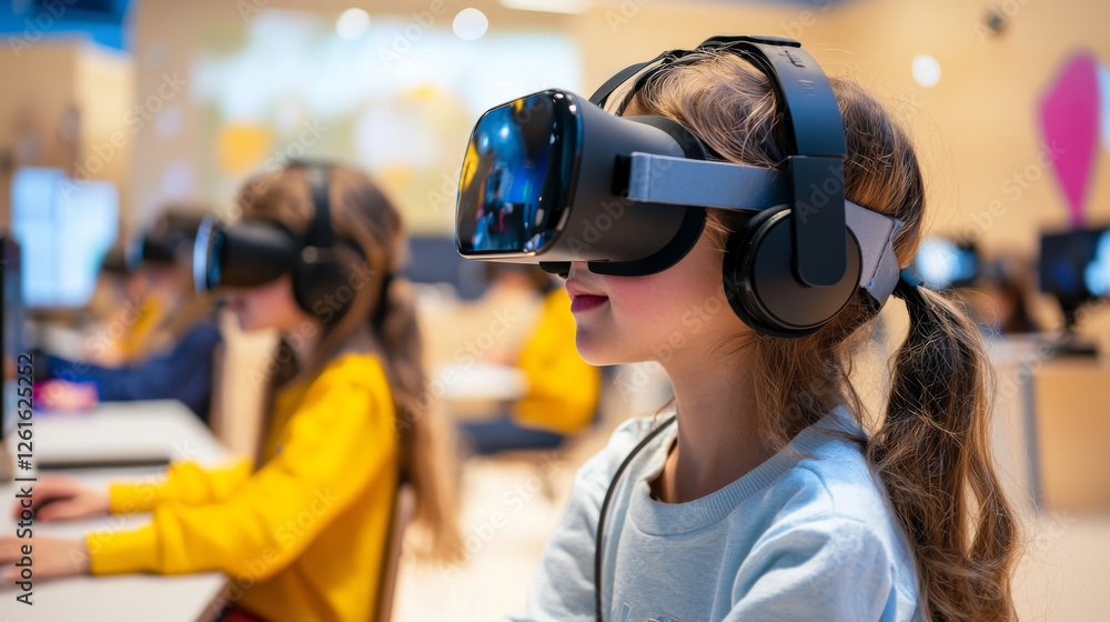 Immersive virtual reality experience in classroom setting, showcasing students engaged in innovative learning methods. atmosphere is filled with excitement and curiosity Immersive virtual reality experience in classroom setting, showcasing students engaged in innovative learning methods. atmosphere is filled with excitement and curiosity