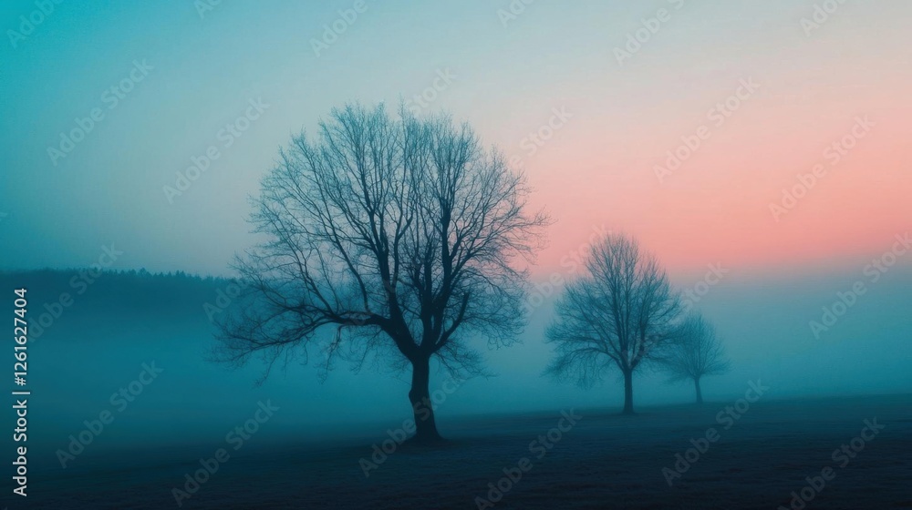 Misty Morning Creates a Dreamlike Landscape with Bare Trees and Pastel Sky, Ethereal Beauty of Nature. Misty Morning Creates a Dreamlike Landscape with Bare Trees and Pastel Sky, Ethereal Beauty of Nature.
