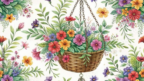 Wallpaper Mural Surreal Floral Hanging Basket Painting, Whimsical Flower Basket Illustration, Dreamlike Botanical Art Torontodigital.ca