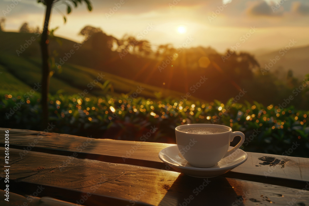 A serene sunset scene featuring a cup of coffee on a wooden table amidst lush tea fields. A serene sunset scene featuring a cup of coffee on a wooden table amidst lush tea fields.