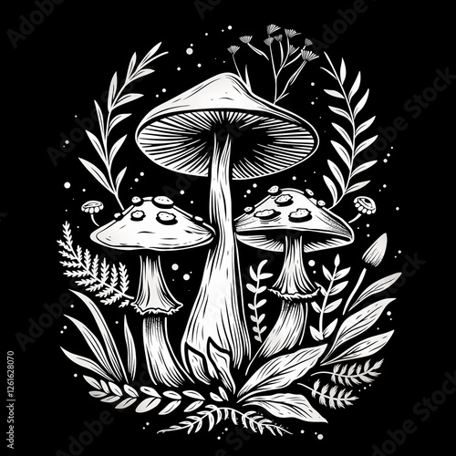 Magic mushrooms growing in enchanted forest at night, black and white illustr...