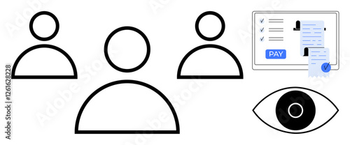 Three anonymous user icons, computer screen showing transaction with PAY button, and a large eye icon. Ideal for security, anonymity, digital payments, user interaction, monitoring, technology