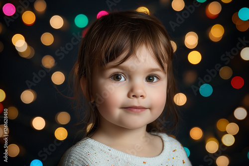 Portrait of cute toddler girl posing with christmas lights in the background