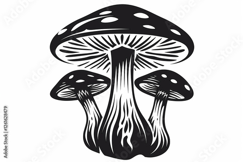 Group of fly agaric mushrooms growing together in black and white