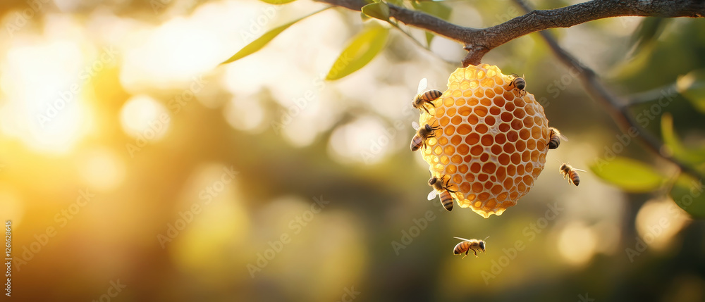 beehive attached to old tree branch, surrounded by buzzing bees, glows in warm sunlight, creating serene and vibrant atmosphere beehive attached to old tree branch, surrounded by buzzing bees, glows in warm sunlight, creating serene and vibrant atmosphere