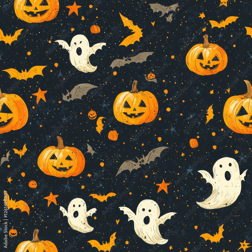 Seamless pattern of pumpkins, bats, and ghosts on dark background Seamless pattern of pumpkins, bats, and ghosts on dark background