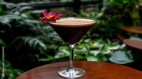 Elegant Espresso Martini with a Red Flower Garnishing Cocktail on Wooden Table Outdoor