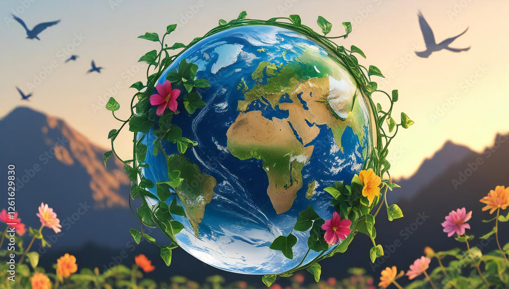 Naklejka premium crystal globe with green vines and colorful flowers, eco-friendly, representing hope and rebirth