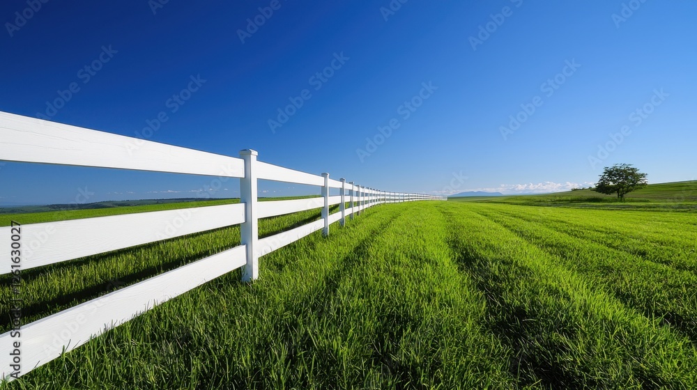 Fototapeta premium Endless green grass reaches a white fence, set against a deep blue sky with no clouds in sight. Crisp details and realistic textures.