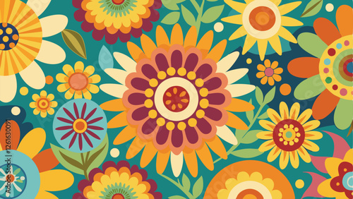 flower background with a colorful design, groovy vector pattern featuring bold daisies, sunflowers, and psychedelic shapes in a vintage color palette
