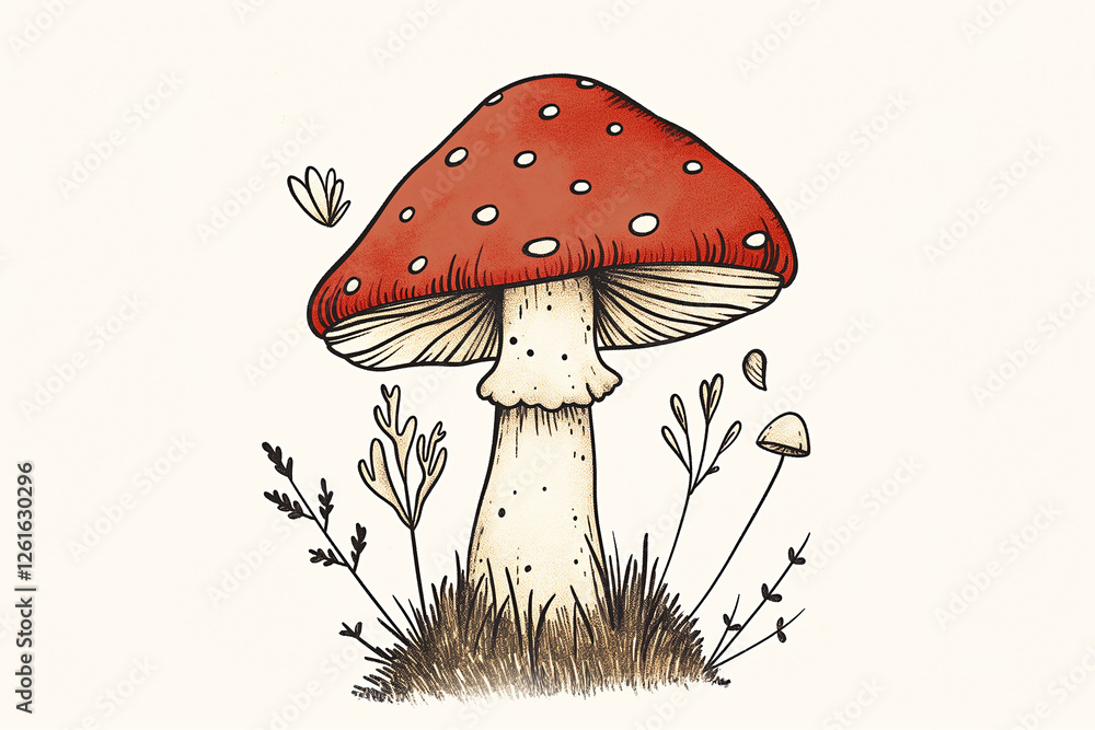 Red mushroom growing in the grass with little plants Red mushroom growing in the grass with little plants
