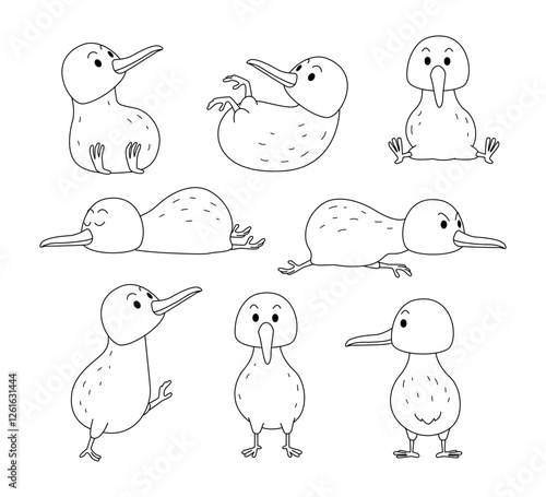 Set of kiwi doodle collection, flamingo outline coloring page book animals for kindergarten, Vector line art set of animals wildlife, Hand drawn, Minimal kiwi bird line art doodle in different pose