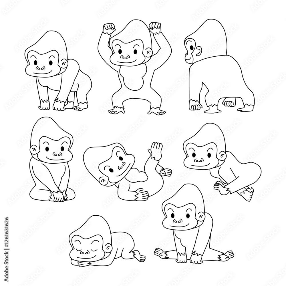 Fototapeta premium Set of Gorilla doodle collection, flamingo outline coloring page book animals for kindergarten, Vector line art set of animals wildlife, Hand drawn, Minimal Gorilla line art doodle in different pose