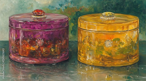 Vibrant painted canisters softly glow warm light reflects jewel toned surfaces. AI Generated photo