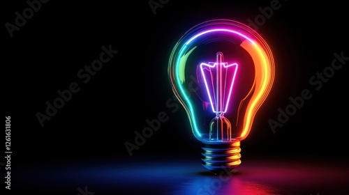 A vibrant neon light bulb glowing with colorful illumination against a dark background.