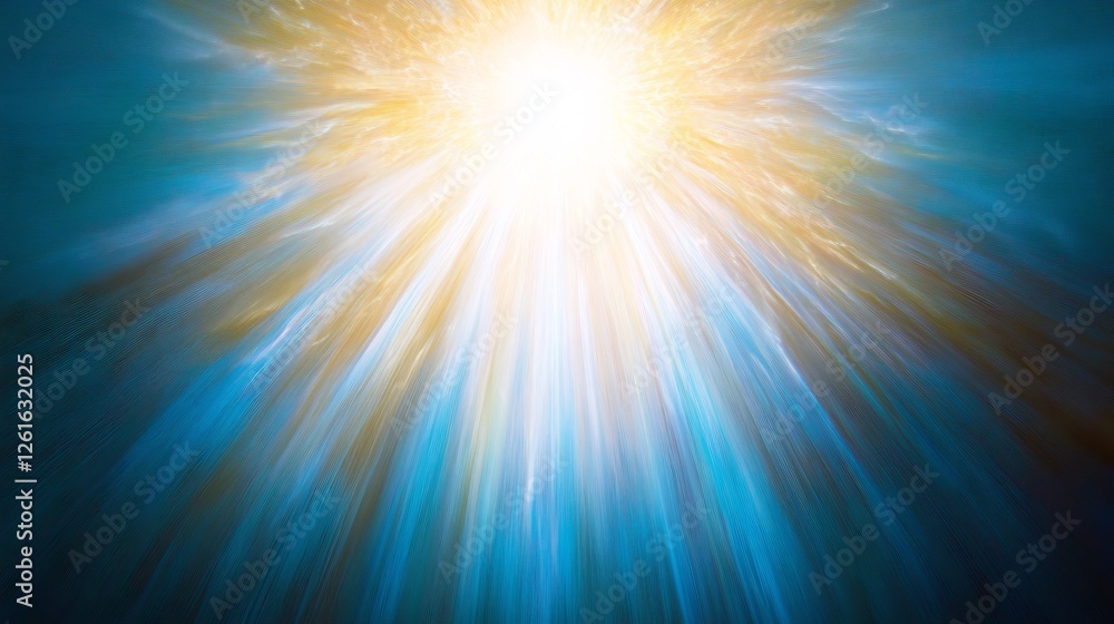 Bright radiant light beams powerfully explode outwards showcasing a vibrant blue and gold color scheme. AI Generated
