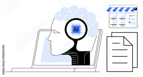 Human brain with AI chip in profile on laptop screen representing technology integration, alongside webpage and documents icons. Ideal for automation, innovation, efficiency, data analysis, AI