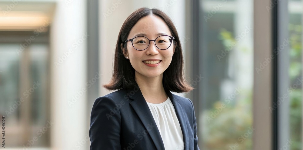 Young Professional Smiles Confidently in Modern Office Building, Embracing Career Success Young Professional Smiles Confidently in Modern Office Building, Embracing Career Success