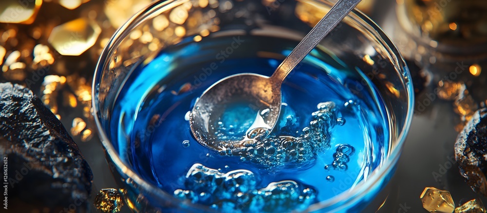Blue liquid with bubbles in glass bowl, spoon, gold background Blue liquid with bubbles in glass bowl, spoon, gold background