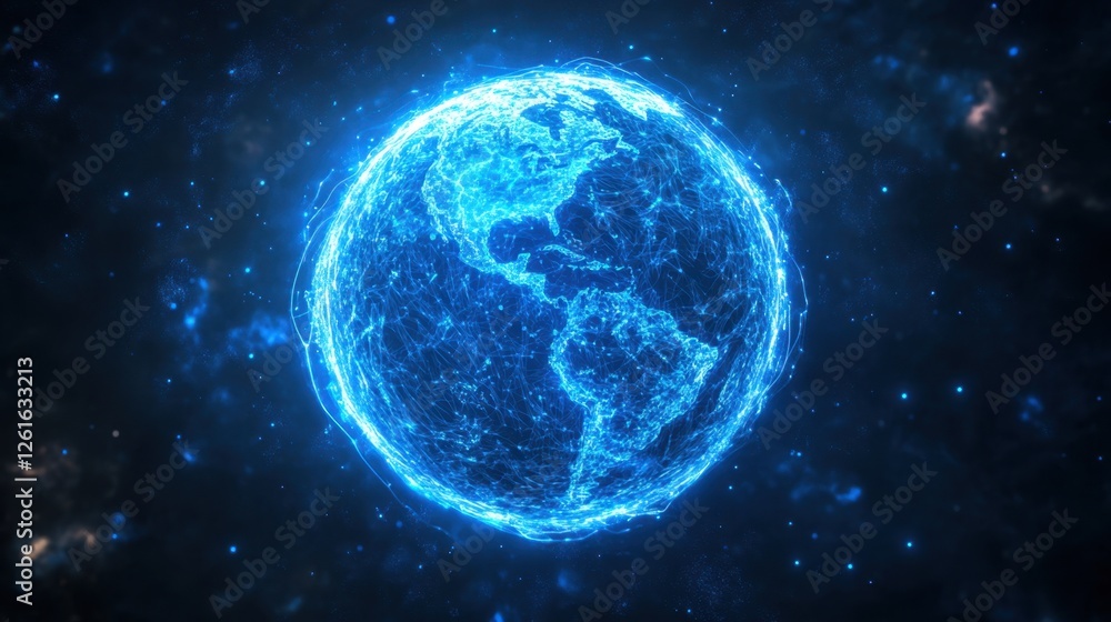 High-resolution 3D representation of Earth, glowing with bright blue data streams, symbolizing a connected digital world. High-resolution 3D representation of Earth, glowing with bright blue data streams, symbolizing a connected digital world.