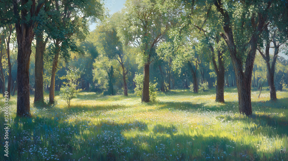 Naklejka premium Sunlit Serenity: The Dance of Light and Shadow in a Tranquil Meadow