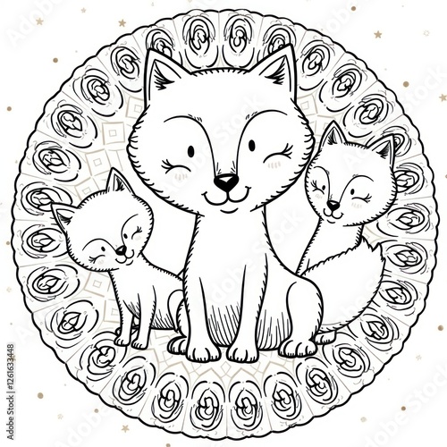 Cute Foxes Doodle Mandala Coloring Page Kids Design. Perfect for children's coloring books, printable activity sheets	