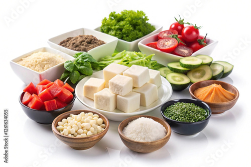 Tofu, vegetables, and spices on white background; recipe ingredients photo